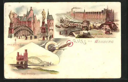 Lithographie Hamburg, Freihafen Lagerhäuser, Neue Elbbrücke, Brooksbrücke