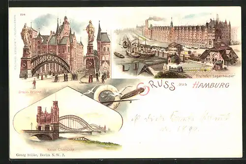 Lithographie Hamburg, Brooksbrücke und Freihafen Lagerhäuser