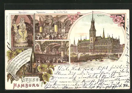 Lithographie Hamburg, Rathaus, Gasthaus Ratskeller, Baccusstatue