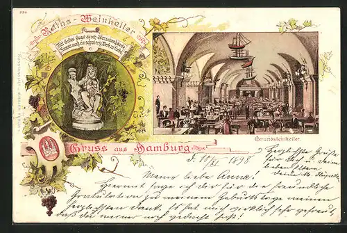 Lithographie Hamburg, Bacchus-Statue und Gasthaus Grundsteinkeller