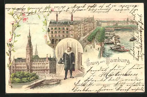 Lithographie Hamburg, Rathaus und der Jungfernstieg