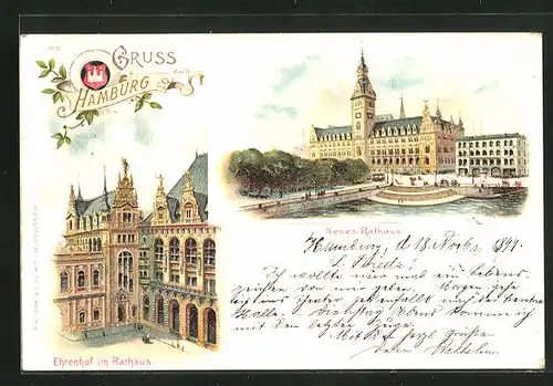 Lithographie Hamburg, Neues Rathaus mit Ehrenhof