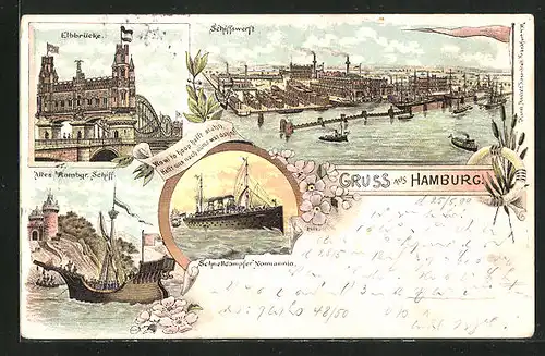 Lithographie Hamburg, Schnelldampfer Normannia, Schiffswerft, Elbbrücke