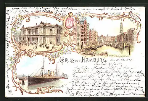 Lithographie Hamburg, Schnelldampfer Normannia, Fleet bei der Reimersbrücke