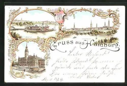 Lithographie Hamburg, Alsterlust, Lombardsbrücke, Rathaus