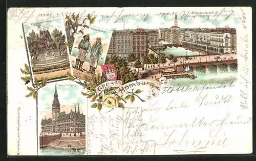 Lithographie Hamburg, Kriegerdenkmal, Helgoländer am Strand, Neues Rathaus