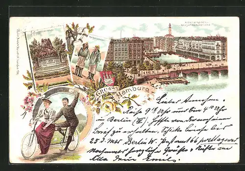 Lithographie Hamburg, Kriegerdenkmal, Helgoländer am Strand, Neues Rathaus