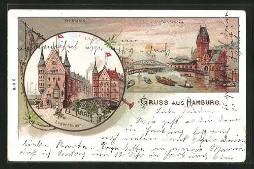 Lithographie Hamburg, Freihafen und Jungfernbrücke