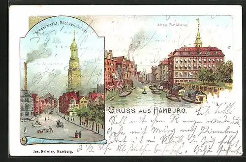Lithographie Hamburg, Schaarmarkt mit Michaeliskirche und altes Rathaus