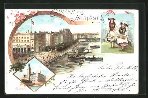 Lithographie Hamburg, Jungferstieg und Frauen in Tracht