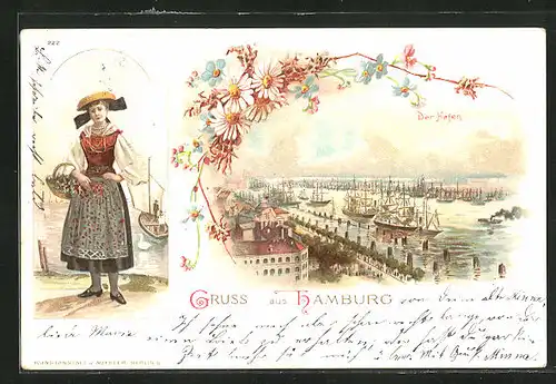 Lithographie Hamburg, Der Hafen und Frau in Tracht mit Blumekorb