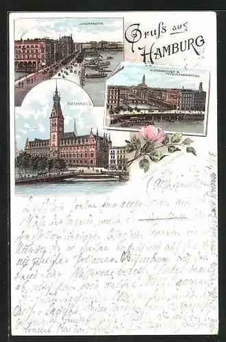 Lithographie Hamburg, Jungfernstieg, Alsterarcaden & Reesendammbrücke, Rathaus