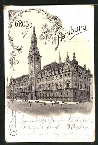 Lithographie Hamburg, Blick zum Rathaus