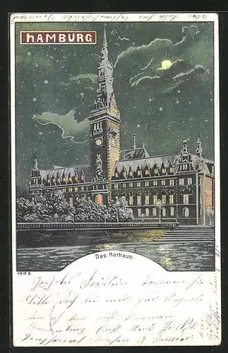 Lithographie Hamburg, Das Rathaus in einer Winternacht