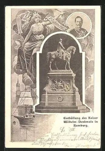 AK Hamburg, Enthüllung des Kaiser Wilhelm-Denkmals, Kaiserbildnis, Reiterdenkmal & Segelschiff