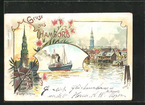 Lithographie Hamburg, St. Catharinenkirche, Hafenpartie & Dampfer H.S.D.G. Paranagua