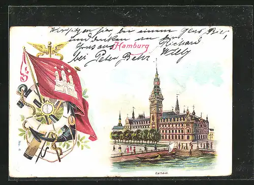 Lithographie Hamburg, Partie am Rathaus, Flagge, Anker und Kompass