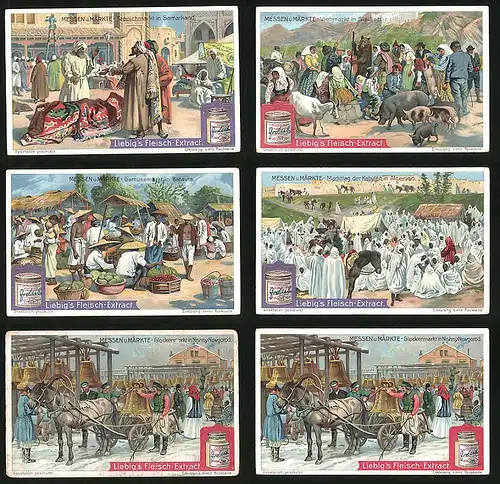 6 Sammelbilder Liebig, Serie Nr. 894: Messen u. Märkte, Algerien, Russland, Sizilien