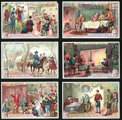 6 Sammelbilder Liebig, Serie Nr. 865: Aus Shakespeare`s Leben, Königin Elisabeth, Bühne, Theater