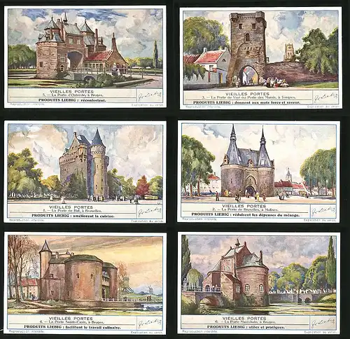6 Sammelbilder Liebig, Serie Nr. 1470: Vieilles Portes, La Porte Maréchale, á Bruges, Malines, Bruxelles, Tongres