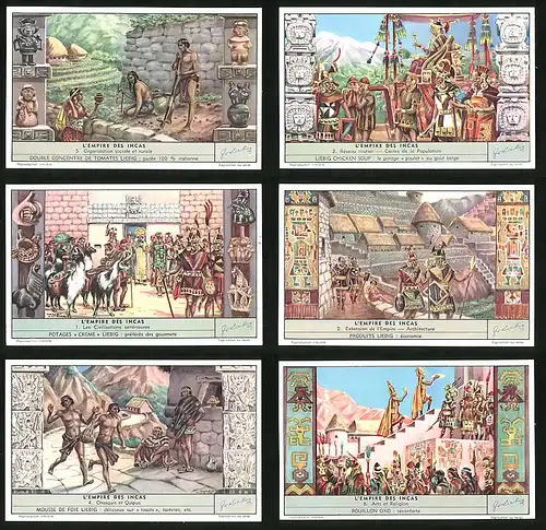 6 Sammelbilder Liebig, Serie Nr. 1591: L`Empire des Incas, Arts et Religion, Chasquis et Quipus, Architecture