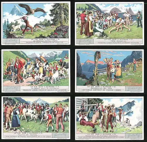 6 Sammelbilder Liebig, Serie Nr. 1285: La vie sur l`Alpage, Répartition du fromage communal, Tournoi de Vaches