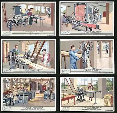 6 Sammelbilder Liebig, Serie Nr. 1293: La Fabrication des Allumettes, La machine d`emballage