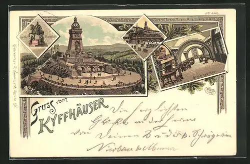 Lithographie Kyffhäuser, Restaurant a. d. Kyffhäuser, Reiter-Standbild, Barbarosa-Saal