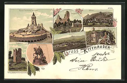 Lithographie Kyffhäuser, Ruine Kyffhäuser, Rossla in der Ferne, Kaiser-Wilhelm-Denkmal