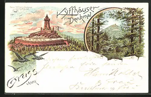 Lithographie Kyffhäuser, Kaiser-Wilhelm-Denkmal auf dem Kyffhäuser, Rothenburg in der Ferne