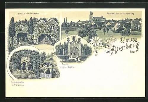 Lithographie Arenberg, Arme-Seelen-Kapelle, Einsiedelei des hl. Franziskus, Grotte von Lourdes