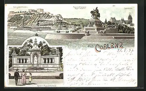 Lithographie Koblenz, Festung Ehrenbreitstein, Kaiserin Augusta-Denkmal, Ortsansicht mit Castorkirche