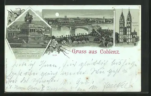 Mondschein-Lithographie Koblenz, Castorkirche, Provinzial-Denkmal von Kaiser Wilhelm I., Stadtansicht in der Nacht