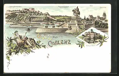 Lithographie Koblenz, Fort Constantin, Castorkirche, Festung Ehrenbreitstein mit Dampfer