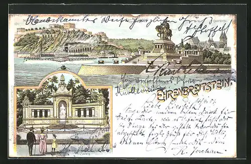 Lithographie Koblenz, Kaiserin-Augusta-Denkmal, Festung Ehrenbreitstein mit Dampfer und Castorkirche