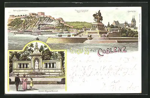 Lithographie Koblenz, Kaiserin-Augusta-Denkmal, Festung Ehrenbreitstein mit Castorkirche und Dampfer
