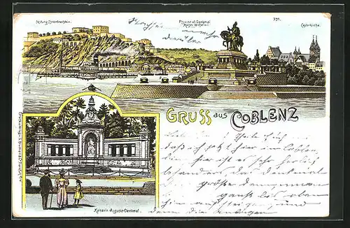 Lithographie Koblenz, Festung Ehrenbreitstein, Kaiserin-Augusta-Denkmal, Castorkirche mit Dampfer