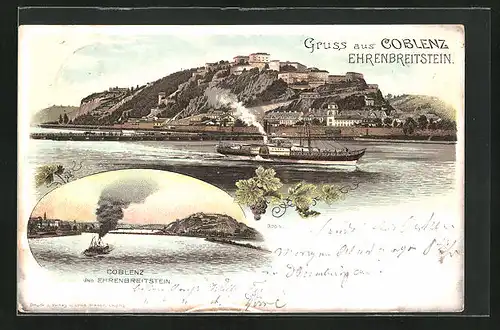 Lithographie Koblenz, Ehrenbreitstein mit Stadtansicht und Dampfer