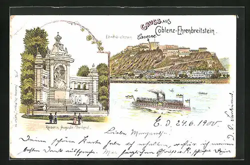 Lithographie Koblenz, Ehrenbreitstein mit Stadtansicht, Kaiserin-Augusta-Denkmal, Dampfer