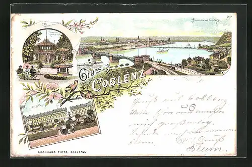 Lithographie Koblenz, Restaurant Rheinanlagen, Schloss mit Wasserfontaine, Panorama