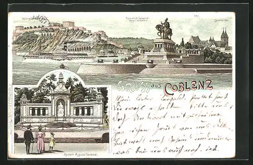 Lithographie Koblenz, Kaiserin-Augusta-Denkmal, Festung Ehrenbreitstein mit Stadtansicht und Dampfer