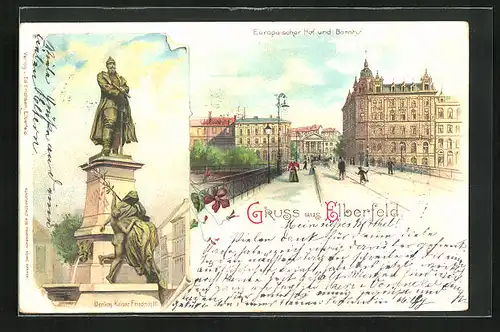 Lithographie Elberfeld, Europäischer Hof mit Bahnhof, Denkmal von Kaiser Friedrich III.