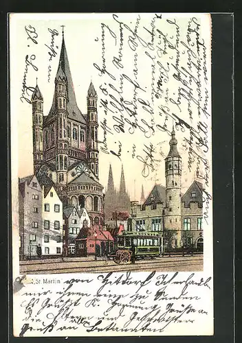 AK Köln, St. Martin-Kirche mit Strassenbahn