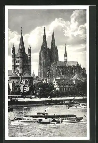 AK Köln, Dom mit St. Martin und Dampfer