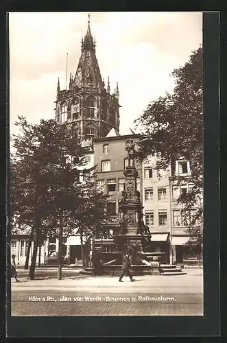 AK Köln / Rhein, Jan von Werth-Brunnen mit Rathausturm