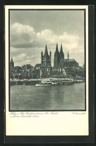 AK Köln / Rhein, Rathausturm mit St. Martin und Dom, Dampfer