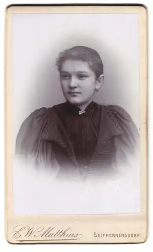 Fotografie E.W. Matthias, Seifhennersdorf / Sachsen, Portrait junge Brünette im Sonntagskleid