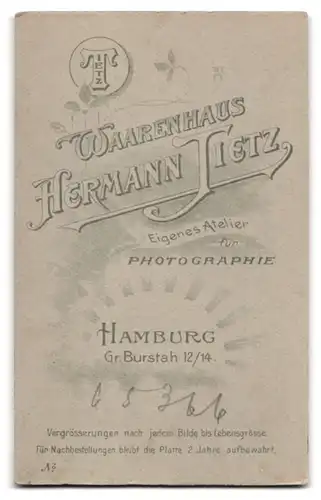 Fotografie Hermann Tietz, Hamburg, Gr. Burstah 12-14, Portrait junge Dame mit zurückgebundenem Haar