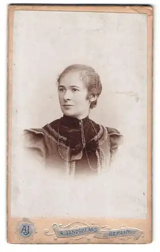 Fotografie A. Jandorf & Co., Berlin, Belle-Alliance-Strasse 1, Portrait junge Dame im hübschen Kleid