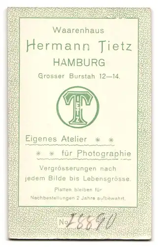 Fotografie Hermann Tietz, Hamburg, Grosser Burstah 12-14, Portrait junge Dame mit zurückgebundenem Haar